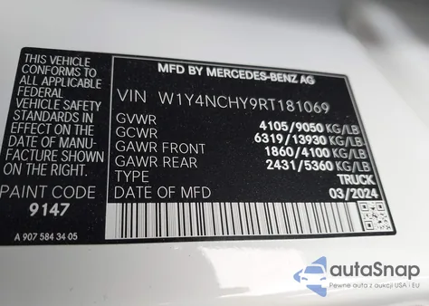 2024 Mercedes-Benz Sprinter 2500 High Roof 4-Cyl Diesel Ho from USA, damaged, VIN W1Y4NCHY9RT181069